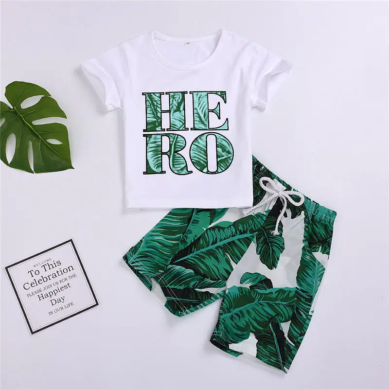 Emmababy/Модный хлопковый комплект одежды из 2 предметов для маленьких мальчиков, футболка с листьями и шорты, летний костюм, повседневная