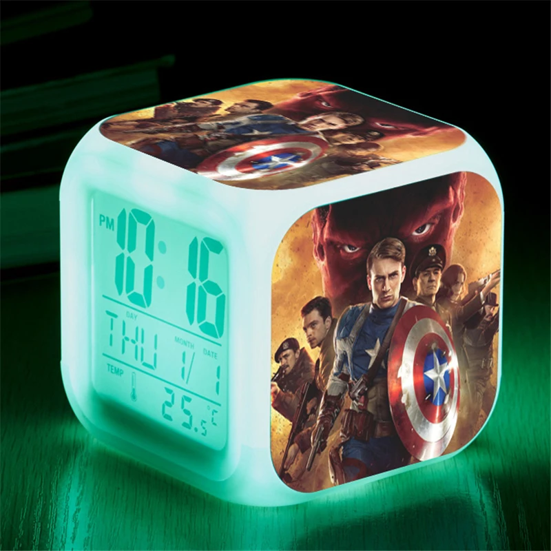 

Marvel Avengers Spiderman Color Change LED Alarm Clock Action Figure Captain America Iron Man Digital Cube Decor Lighting Toys