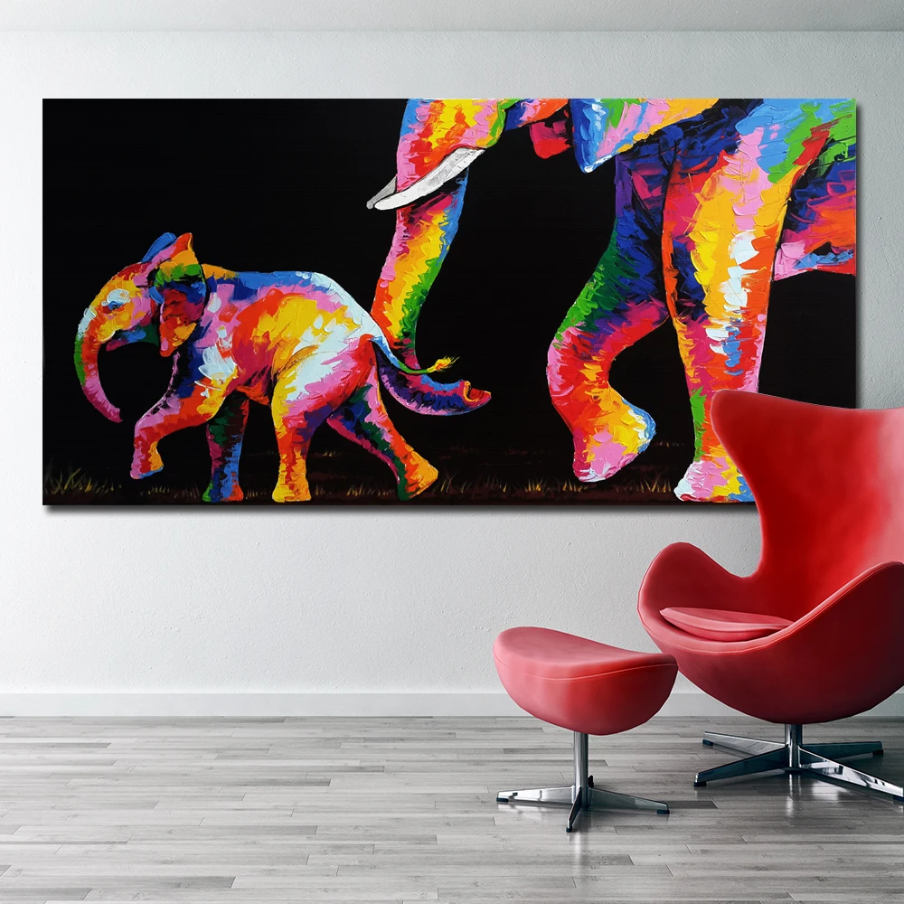 Abstract Art Colorful Mother and Son Elephant Paintings Printed On Canvas Animal Wall Picture For Living Room Home Decor | Дом и сад