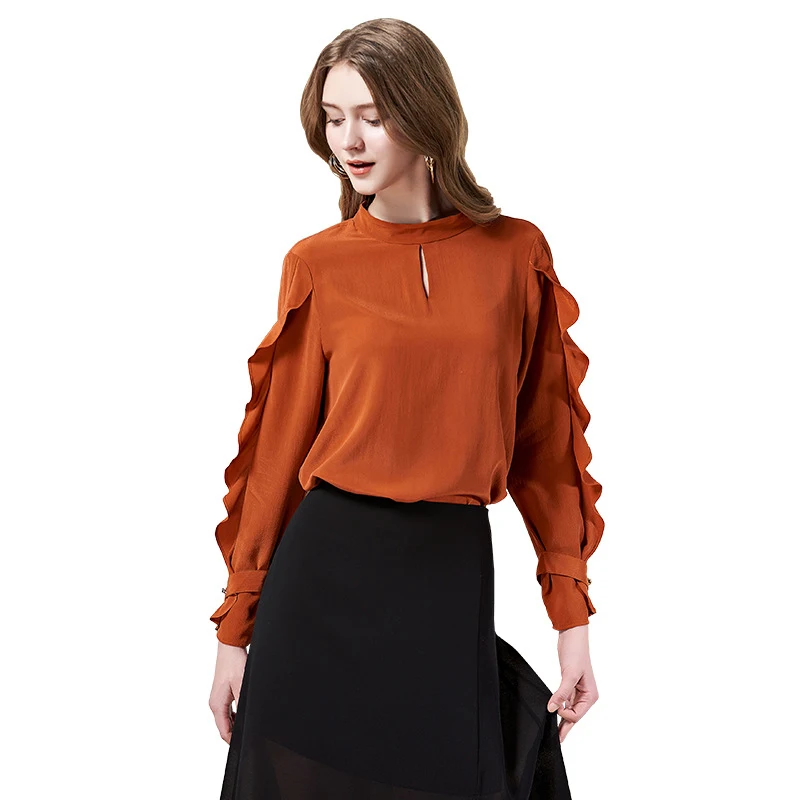 Lady Vintage Real Silk Caramel Blouses Full Length Sleeves Stand Collar