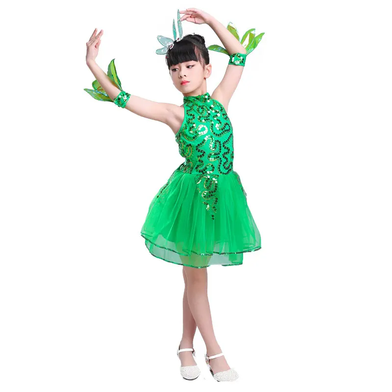 Vestido de Ballet para niña, traje de baile de Jazz para niña, traje de actuación, Ropa de baile de escenario, color verde