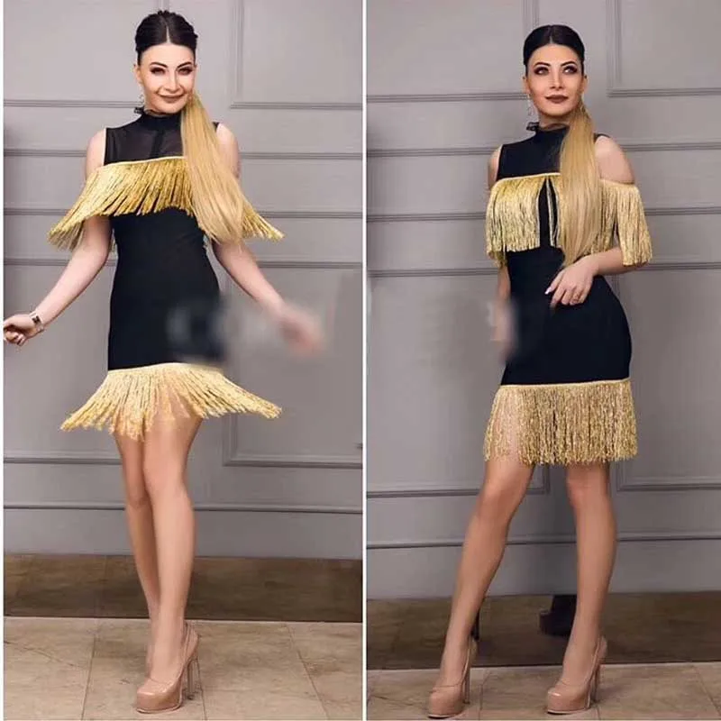 

wholesale 2019 New dresses black Golden tassel Fashion temperament Leisure celebrity cocktail Party bandage Dress(L2730)