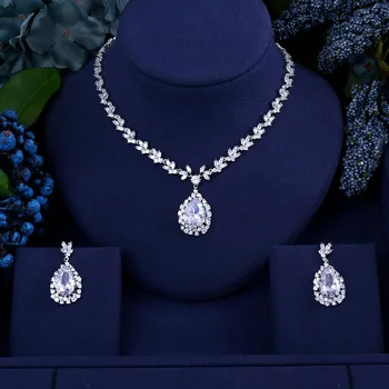 

Luxury Sparkling AAA Cubic Zirconia Bridal Top Quality Wedding Necklace Earrings set Rhodium Plated For Women Fine Jewelry Sets