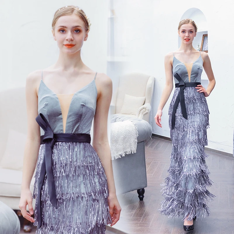 

2019 Mermaid Prom Dresses Backless Spaghetti Straps Formal Party Evening Gowns With Sashes Elegant Sequin Tassel vestido de gala
