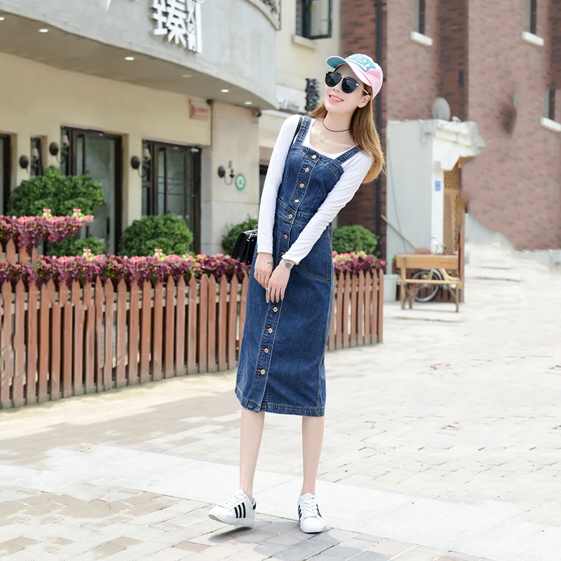 Корейский женский джинсовый сарафан весна осень длинное платье Sunspender однобортное повседневное летнее джинсовое платье на бретельках