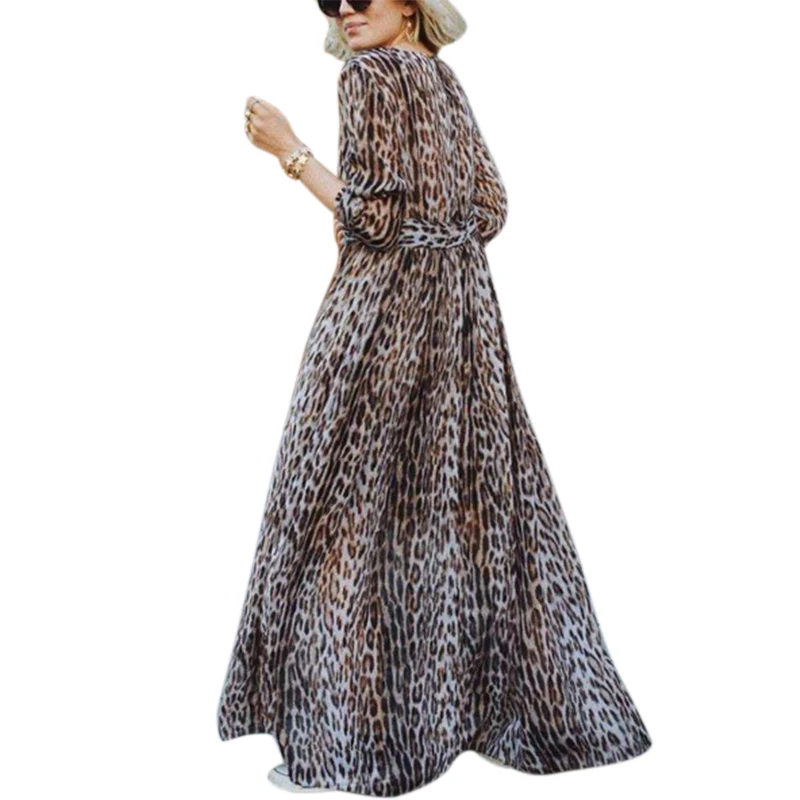 Acheter Nouveau hotsale de mode Vintage Imprimé Léopard Robe Femme À Manches Longues Col En V Profond Maxi Habille la Nouvelle Femme Casual Parti Longue robe