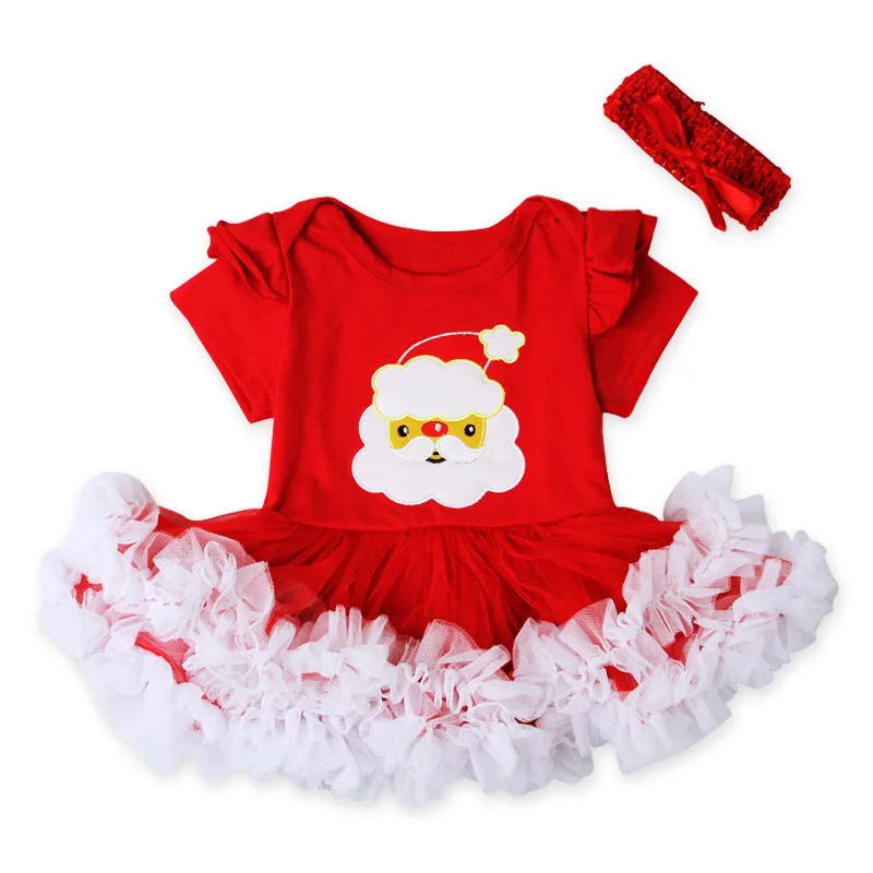 Модный Рождественский костюм для малышей Красный милый комбинезон для маленьких девочек, одежда из тюля для малышей повязка на голову для ребенка, Рождественский сарафан для маленьких девочек