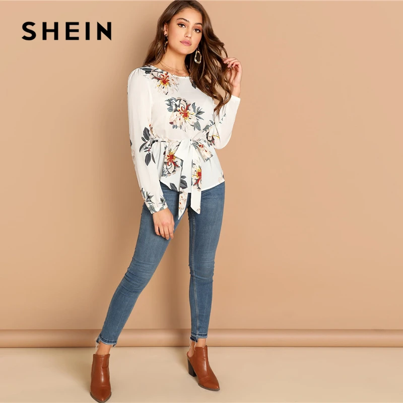 SHEIN белая блузка с цветочным принтом и поясом, пышные плечи, длинный рукав, круглый вырез, женская блуза, повседневная, весна, топы и блузки