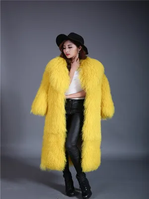 yellow Новые оригинальные монгольский овечий мех пальто Для женщин развивающий коврик для ползания овец Меховая куртка с большим меховым воротником, 100 см Длина на заказ размера плюс F45 - Цвет: yellow