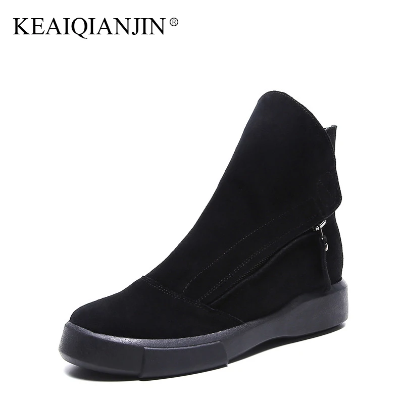 

KEAIQIANJIN Woman Martens Boots Black Autumn Winter Platform Ankle Boots Fashion Zipper Genuine Leather Punk Motorcycle Boots