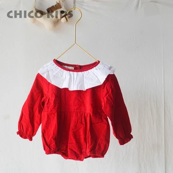 

Baby Girls Corduroy Ruffles Long Sleeve One Piece Rompers, Infant Girls Christmas Red Jumpsuits, Toddlers Rompers W Cover Button