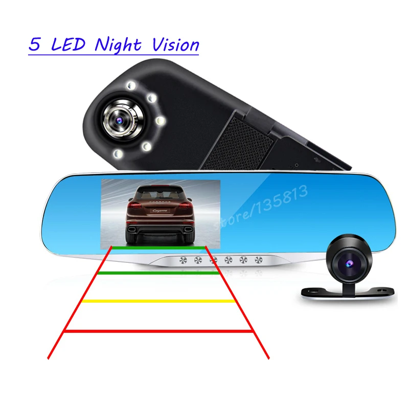 5 LED Night Vision Car Dvr Car Driving Recorder 1080p hd Dual Lens Rear View Mirror