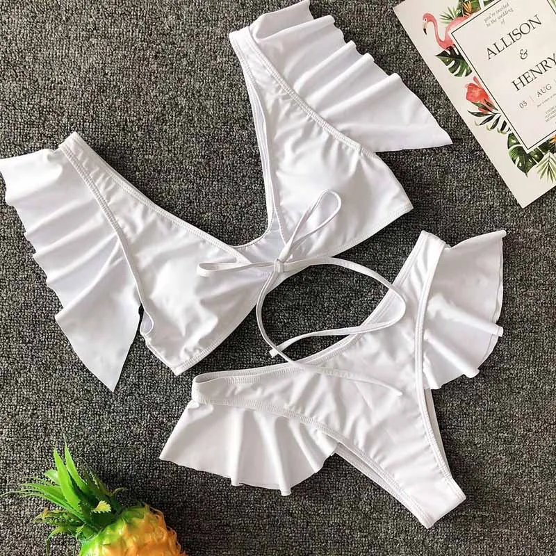 

Women's Swimming Suit Bikinis 2019 Push Up Bikini Ruffle Solid Sexy Swimwear Women Two piece Female Swimsuit Woman Beach Suit