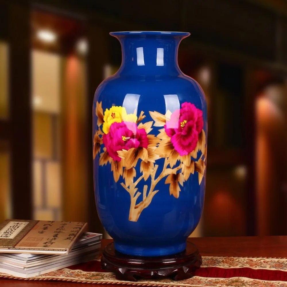 Direct Sale Jingdezhen Ceramics Large Straw Blue Floor Vase Peony