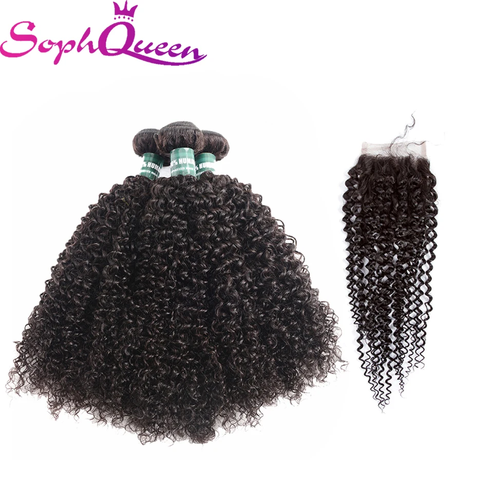 Соф queen hair монгольские волосы Weave пряди кудрявых волос с синтетическое закрытие волос 100% человеческие волосы remy Расширения натуральный цвет