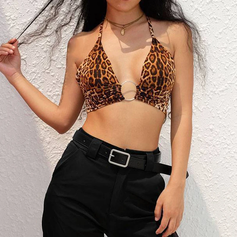Women Sexy Crop Tops Woman Fashion Spaghetti Strap Night Club Party Crop Top Bra Leopard Printed Halter Neck Bra Backless Vest