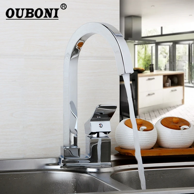 OUBONI 360 Swivel Solid Brass Kitchen Sink Basin Chrome Polish Rotated 1 Handle Deck Mounted Mixer Tap Faucet|Kitchen Faucets| - AliExpress