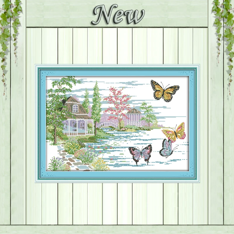 

The butterfly estate lakeside scenery Painting Counted Print on canvas DMC 14CT 11CT Cross Stitch Needlework Kits Embroidery Set
