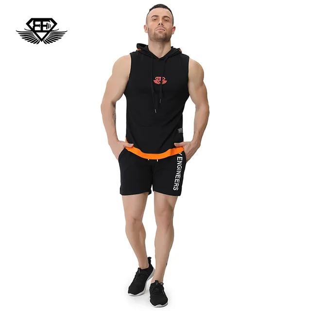 Running Vest Hoodies Men Quick Dry Breathable Sport T-shirts Camping Climbing Fishing Clothing Loose Gym Tank Top with Hat 2