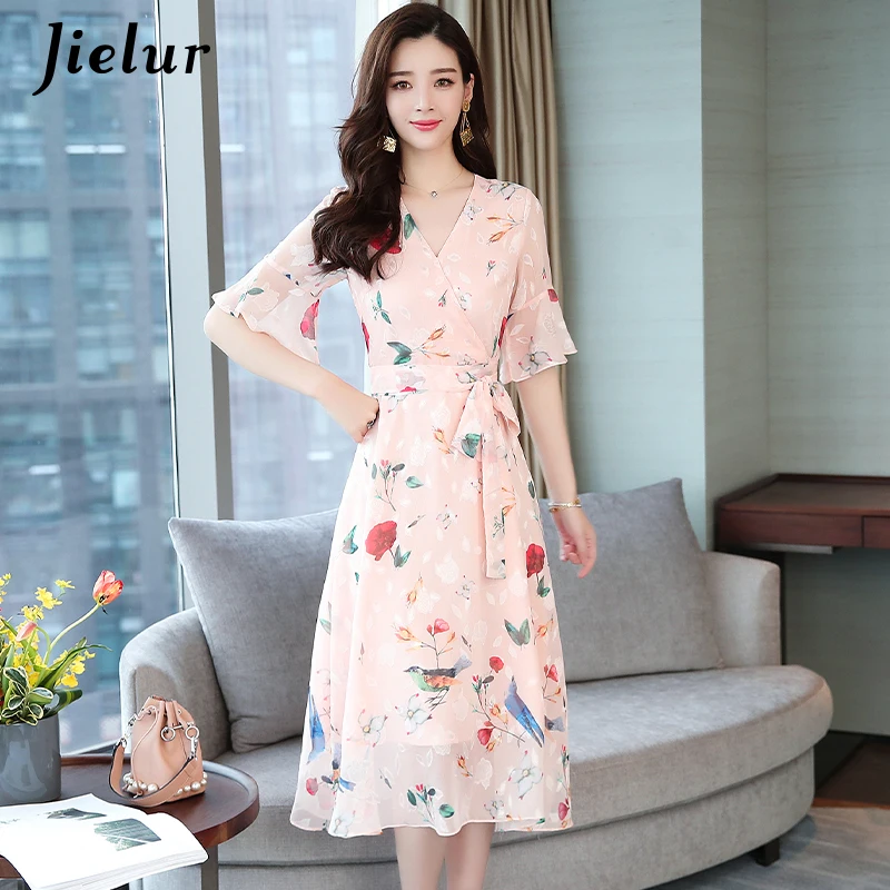 

Jielur V-neck Dress Woman Flare Sleeve Chiffon Floral Print Dress Sweet Pink Summer Sashes High Waist Vestido Kpop Style Dresses