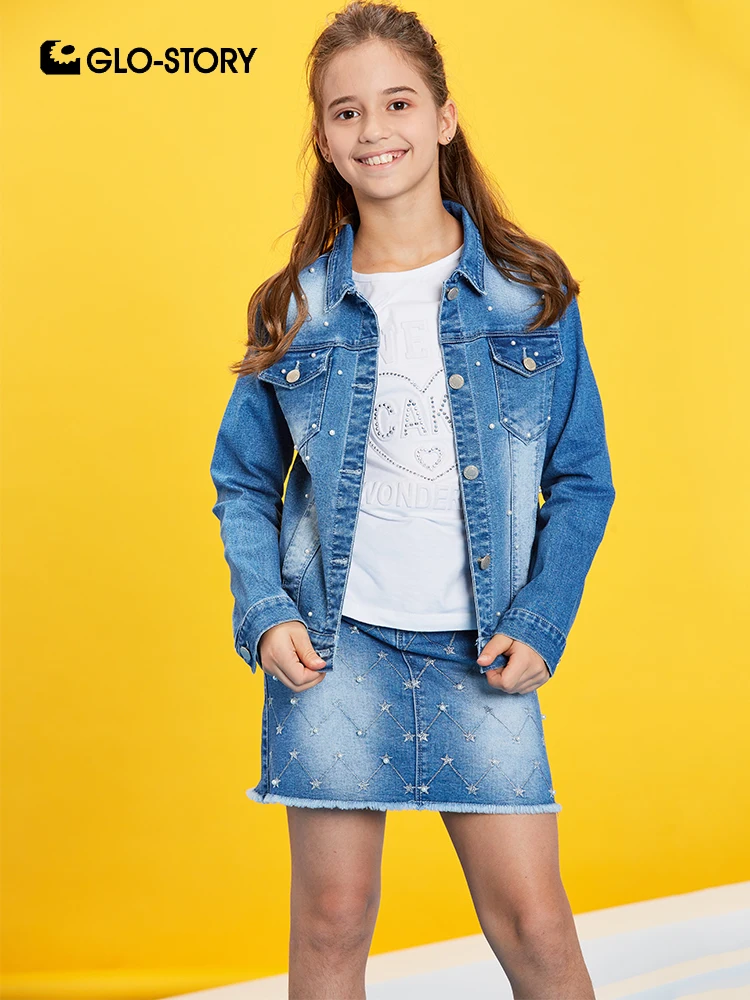 

GLO-STORY Children Girl 2019 Pearl Embroidered Denim Jacket Skirts Suits Kids Girls Mini Jeans Coats Mini Skirt Sets 8047 8084