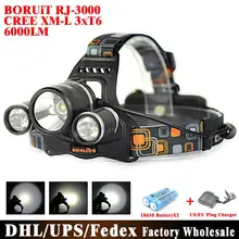 DHL 50 шт./лот RJ-3001 3x XM-T6 6000 люмен 4-режимный USB Перезаряжаемые светодиодный налобный фонарь Батарея и Зарядное устройство