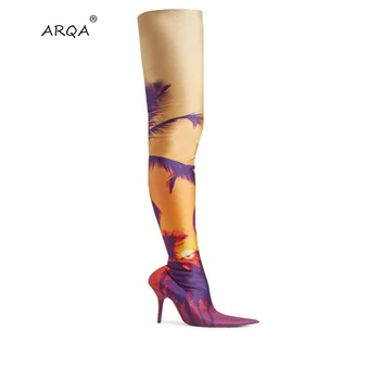 

2019Europe's Latest Fashion Exclusive Customized Women's Elastic Boots Printed Ladies Fine With Pointed Big Size 34-48 Shoes