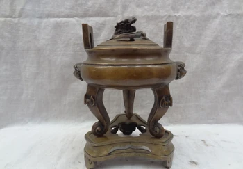 

song voge gem S3009 9" Tibet Bronze Dragon Lion Head Statue Buddhist BAT Incense Burner Censer