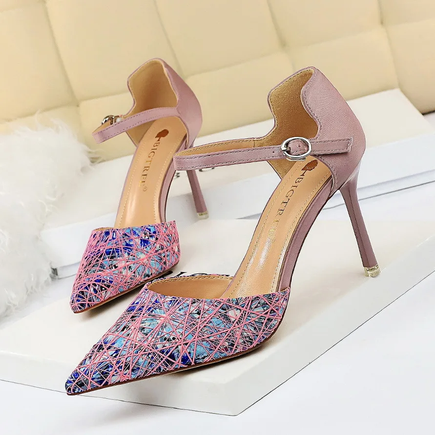 Women Shoes Stripe Prints Buckle Pumps Fashion High Heels Hollow Sandals Ladies Mixed Color Slides Luxury Zapatos Mujer Stiletto