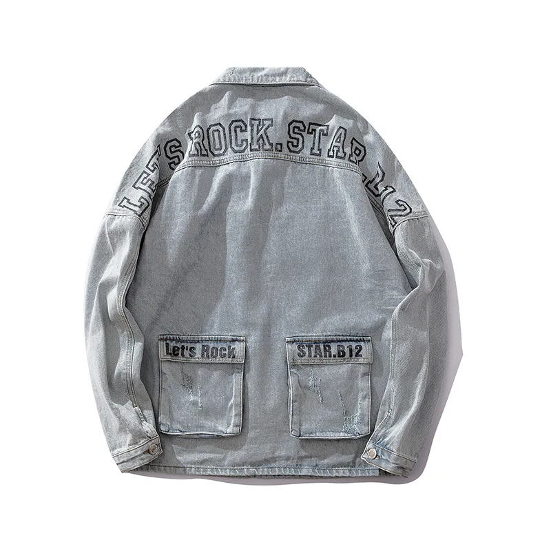 

Hip Hop Men's Oversized Denim Jackets Retro Patchwork Two Big Pockets Jeans Jackets Streetwear Male Fashion Coat Kanye L276