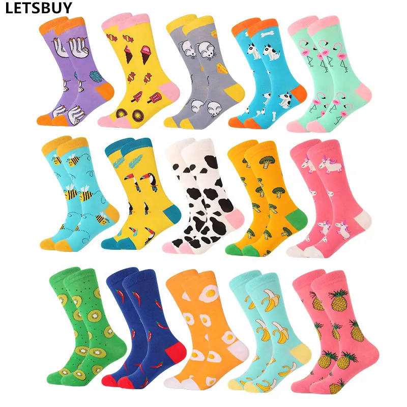 

LETSBUY women socks combed cotton harajuku funny creative cartoon animal crew socks lady girls fruit dog bird chili men socks