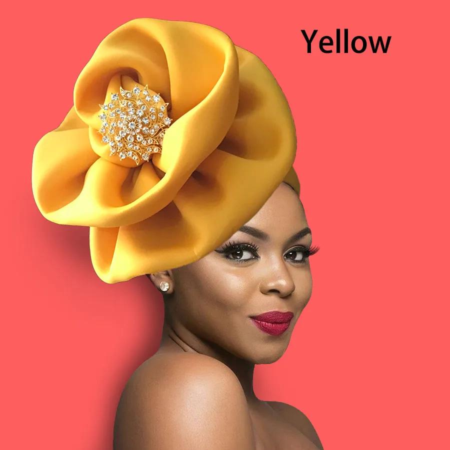 Women turban cap fashion flower decorate traditional African headtie solid headwrap cap (13)
