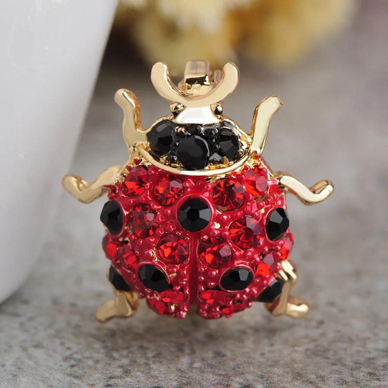 Madrry Red Crystals Ladybug Brooches For Women Men Gold-color Cute Insect Broches Collar Clips Badge Pins Dress Hats Accessories