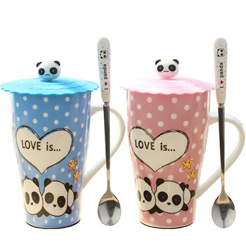 

2018 Panda Cups Ceramic Coffee Mugs Milk Mugs Tea Cup with spoon lid Thermos water Bottle 560ml For Girls Kids Birthday Gifts