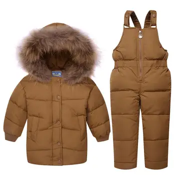 

2019 Winter Warm BabyPark Jumpsuits Kids Sets Boy Ski Suits Snowsuits Real Fur Girl's Down Jackets Outerwear Coat+Suspender N14