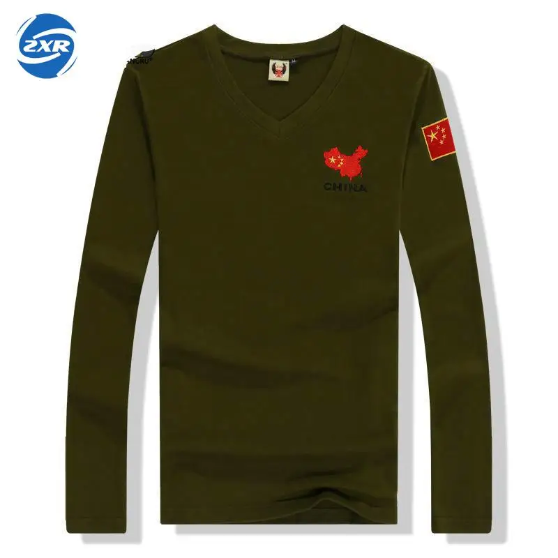 

New Embroidered Flags Men's Army Military Fans Tight Sleeves V-neck Tactical T-shirts Long Sleeves Leisure Men's Hiking T-shirt