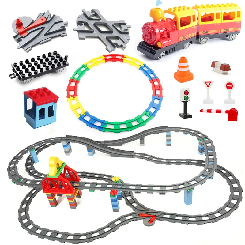 قطار المسار مجموعات كبيرة اللبنات مركبة الاكسسوارات DIY الجمعية السكك الحديدية الأطفال التفاعلية لعب متوافق الانكليزي الطوب