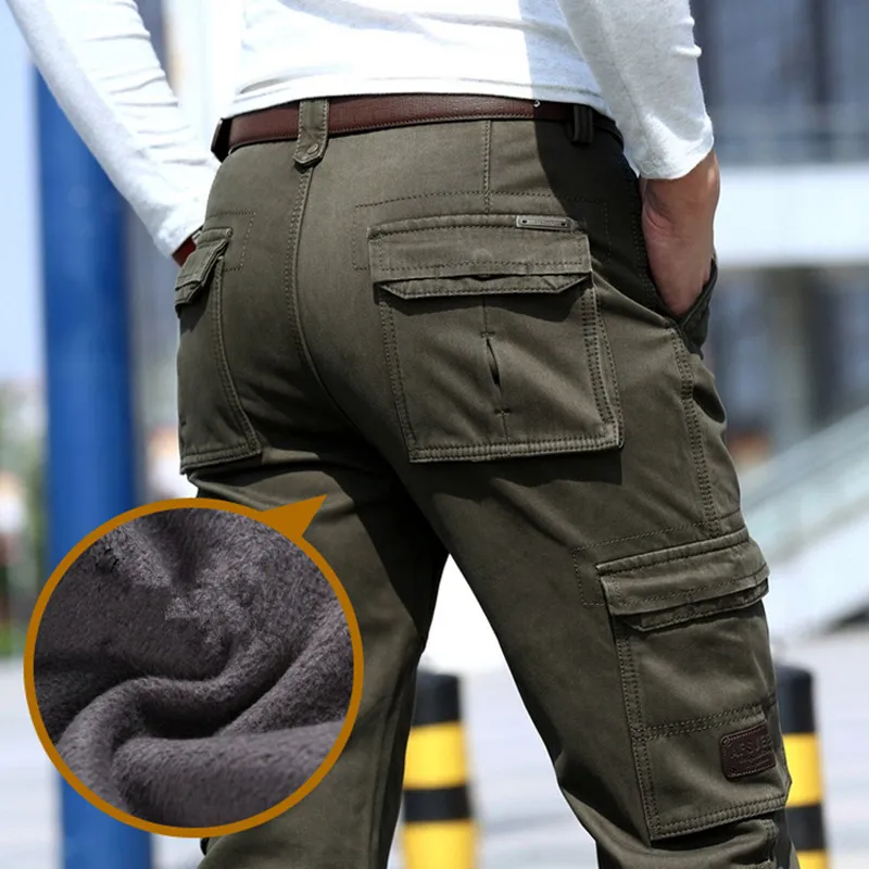 2019 Fleece Warm Winter Cargo Pants Men Casual Loose Multi-pocket Men's Clothes Military Army Green Khaki Pants 237
