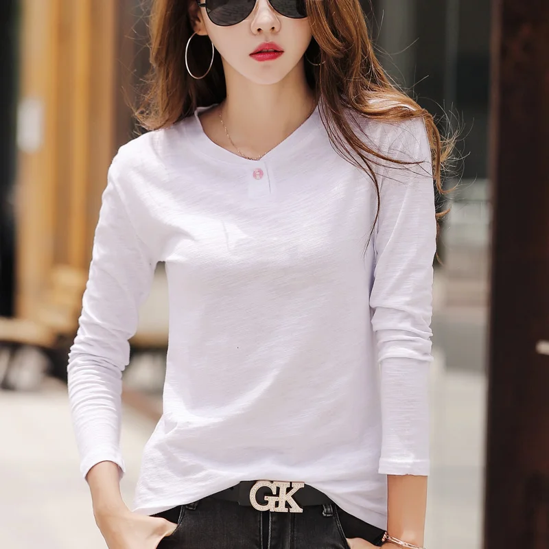 2019 Women Autumn And Winter Casual T-Shirt Fashion One Black Color 0 Neck T shirt Cotton Long Sleeve Tops Green Black White