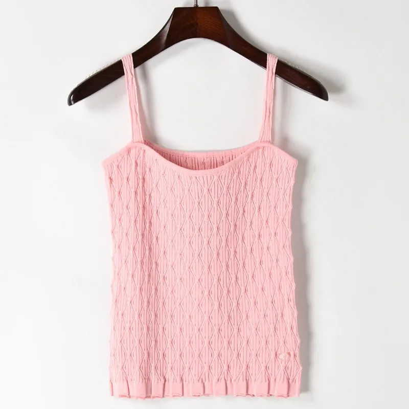 

2018 Spring Summer New Arrival Solid Color Ling Plaid Jacquard Weave Knit Camisole Fashion Women All Matched Spaghetti Top