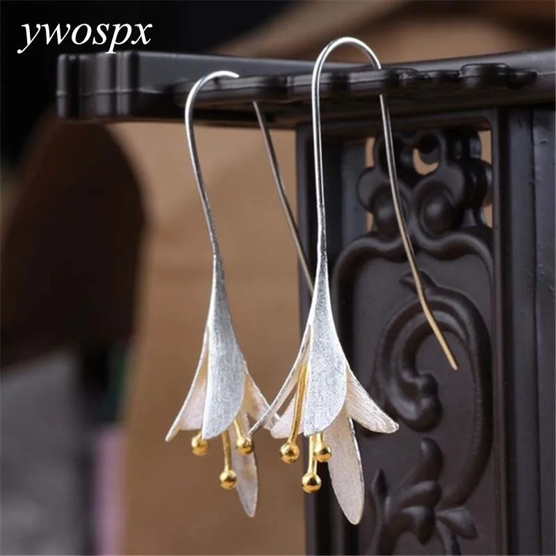 

YWOSPX Elegant Flower Anel Silver Color Dangle Earrings for Women Jewelry Wedding Anillos Engagement Statement Drop Earring Y40