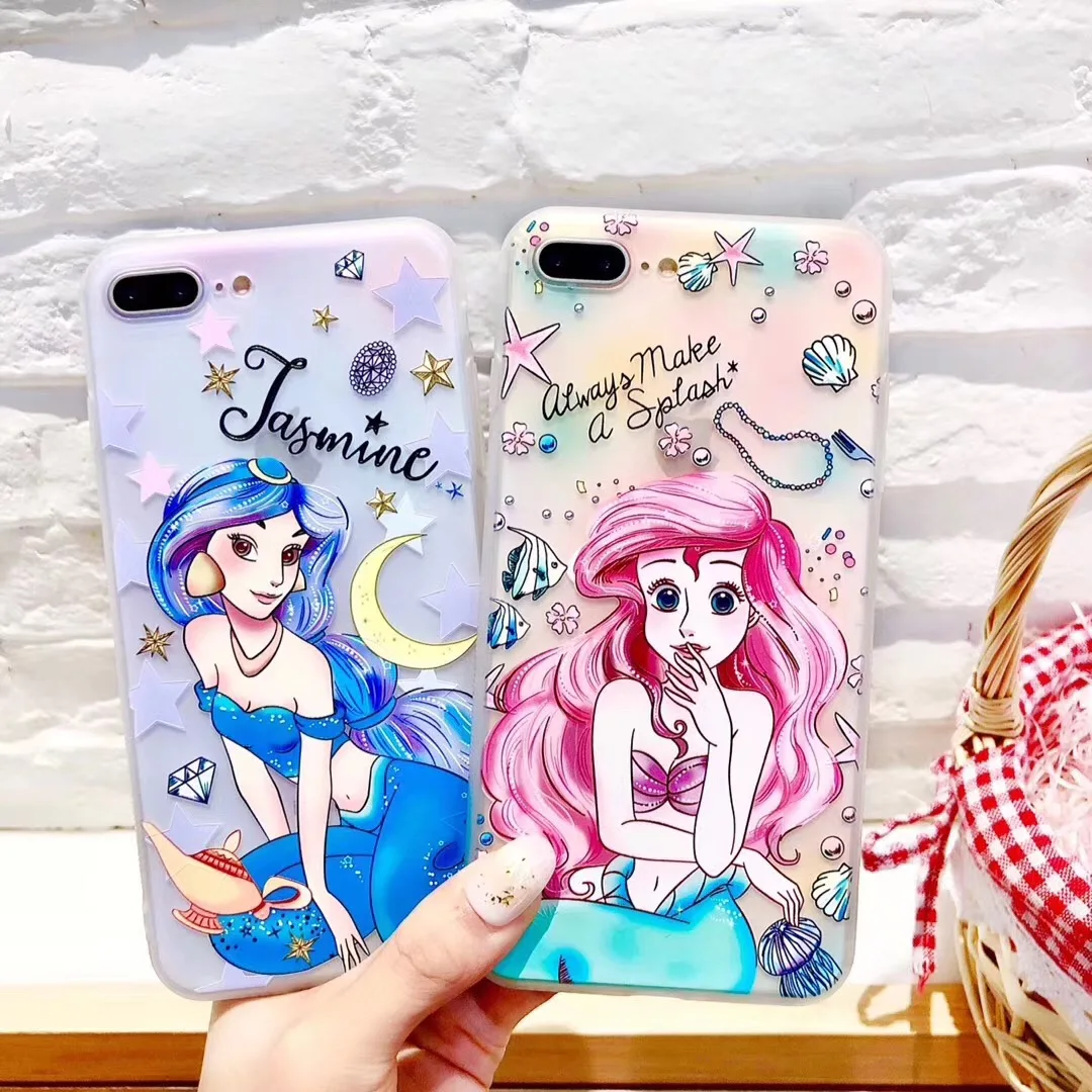 

Cartoon Cute Anime Mermaid Rapunzel Cases for iPhone 6 6s plus 7 8 plus x xs xr xsmax Translucent Soft TPU Phone Back Cover Case