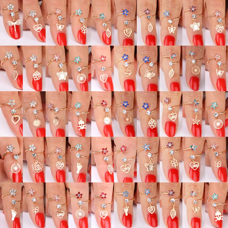 

Hgflyxu Random 12PCS Gold color Crystal Rhinestone Adjustable Finger rings for women Accessories mix design fashion jewelry