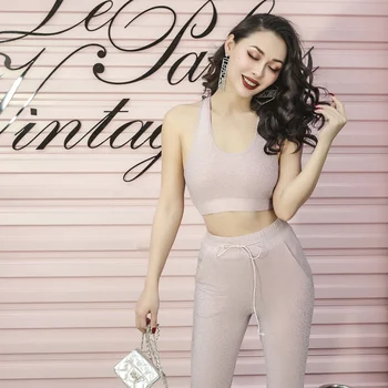 

Glitter Pink Two Pieces Set Sweat Suits Women Crop Top Pants Tracksuit Cute Active wear Ladies Outfit Fashion