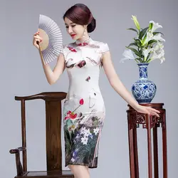 2019 новые белые Ципао для девочек сексуальные печатных воротник-стойка китайское платье короткий приталенный китайский женский халат