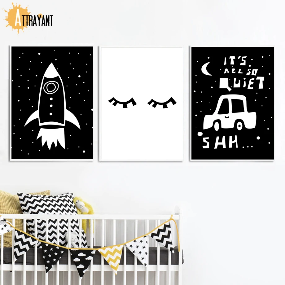 Мультфильм черный белый автомобиль Rocket Eye Moon Wall Art Холст Картина скандинавские