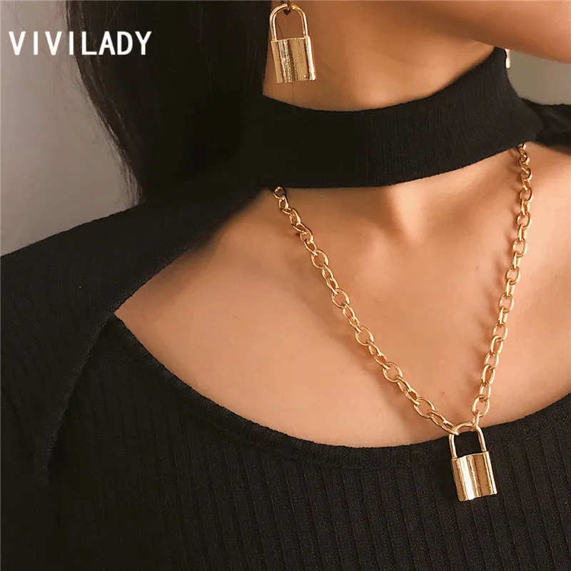 

VIVILADY Hyperbole Wide Link Chain Chic Alloy Lock Dangle Women Pendant Necklaces Gold Silver Color Women Party Jewelry Bijoux
