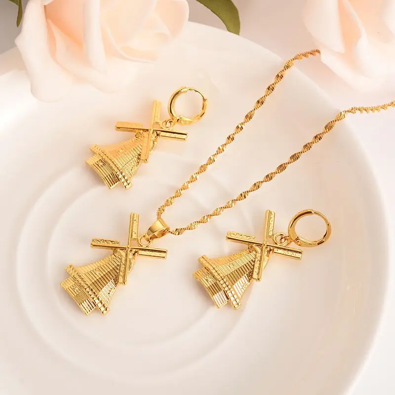 

Solid Gold Filled windmill Pendant Necklace earrings Holland Traditional party wedding bridal souvenir Jewelry Gift NEW