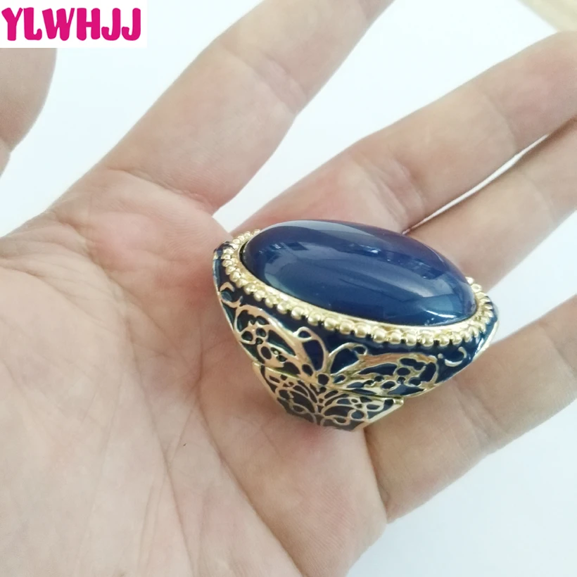 

YLWHJJ new women metal big exaggerated drip rings fashion Artificial blue pattern gems girls ring statement brand jewelry party