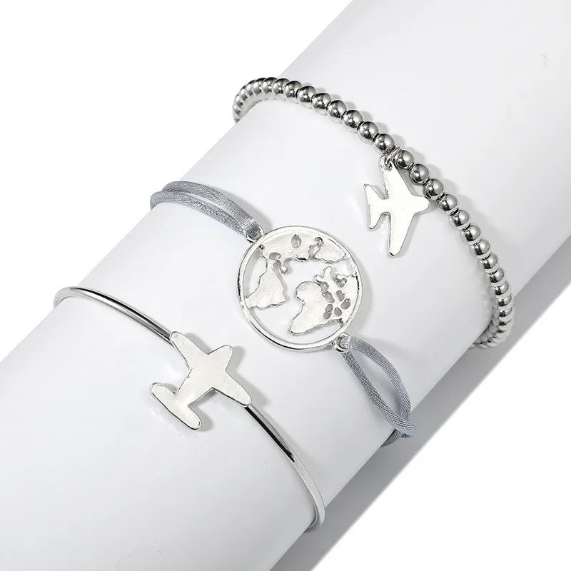 

2019 NEW FASHION Stylish And Simple Hollow World Map Open Plane Bracelet Three-piece rope chain hot Free Shipping